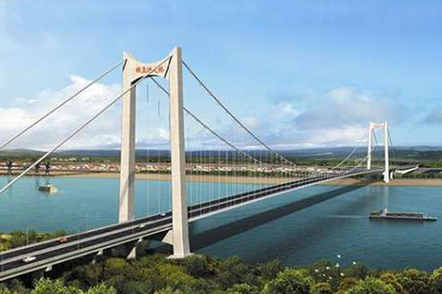 湖北棋盤洲長江公路大橋?yàn)榈劐^式懸索橋,主跨1038米。.jpg
